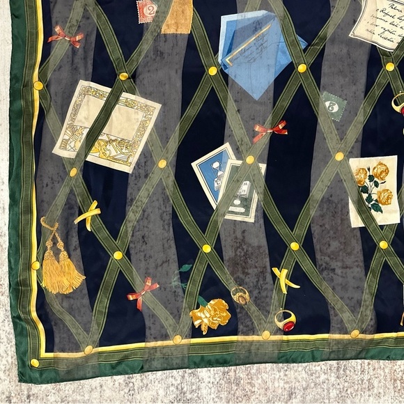 Vintage Paloma Picasso Silk Scarf Italy Green Yellow Navy Blue 33x33” square - Picture 3 of 7